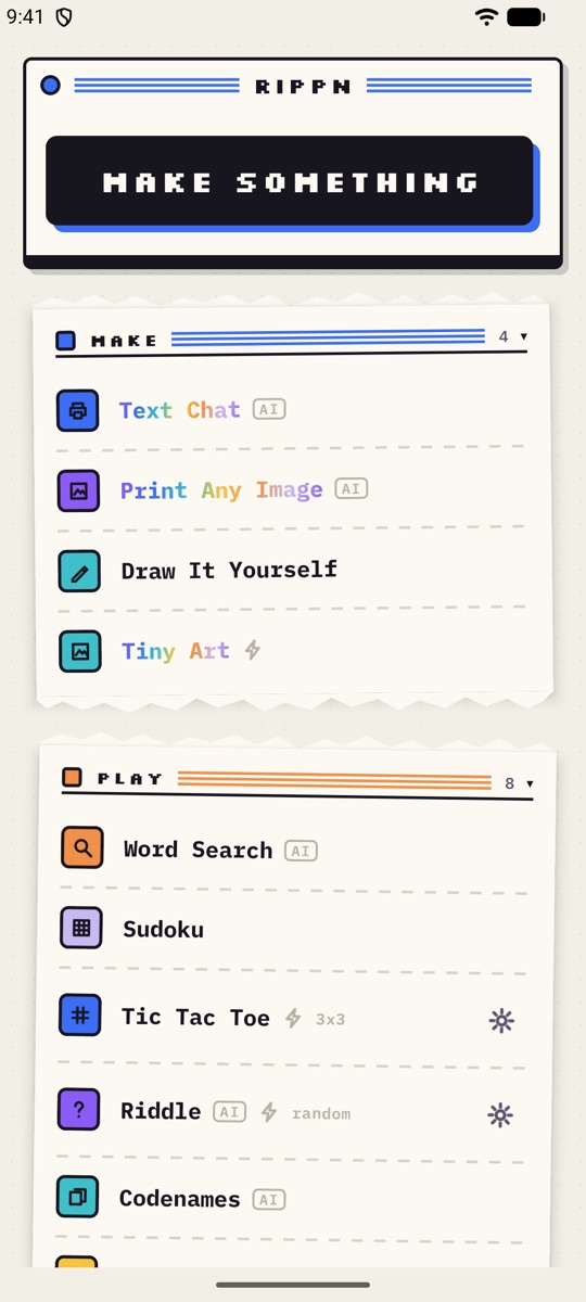Rippn home screen with Make and Play sections