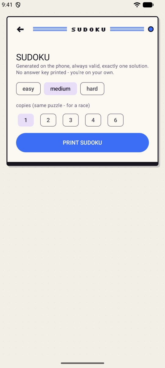 Sudoku setup with difficulty and copies