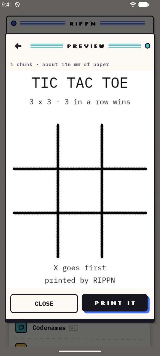 Print preview of a tic tac toe board