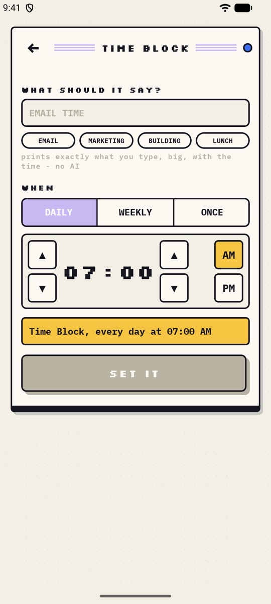 Time Block scheduler set for 7:00 AM daily